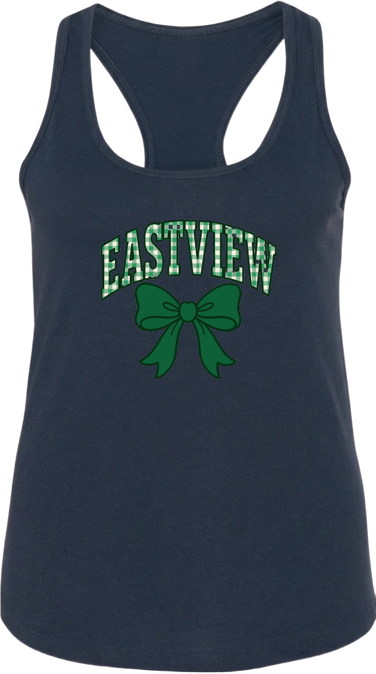 A navy blue tank top with a green bow and the text "EASTVIEW" printed on it.