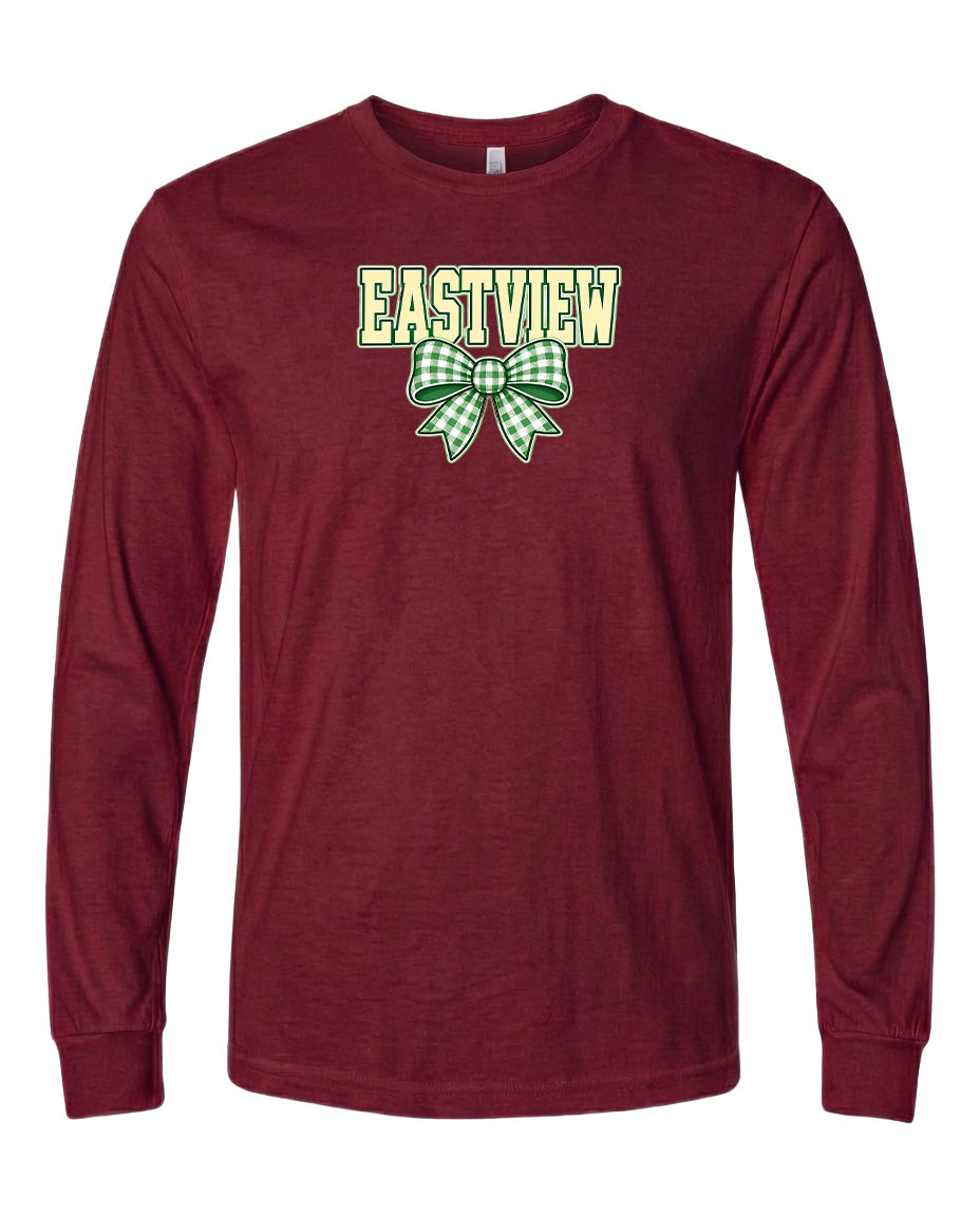 A burgundy long-sleeved t-shirt with a green and white bow graphic and the word "EASTVIEW" printed on it.