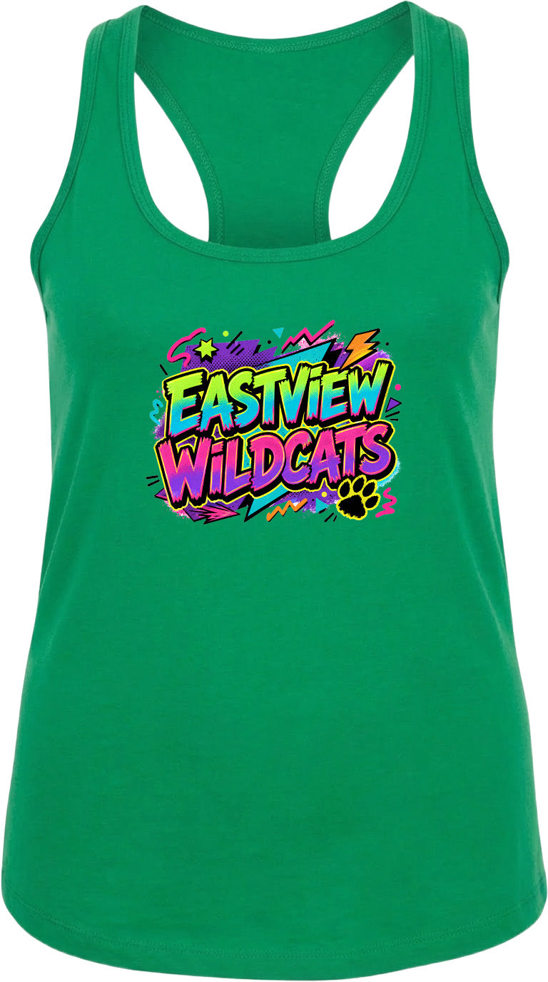 A green tank top with a colorful graphic design featuring the text "EASTVIEW WILDCATS" and a paw print.