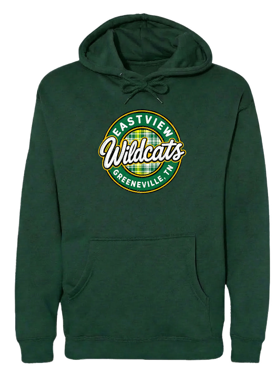 A dark green hoodie with a logo on the front.