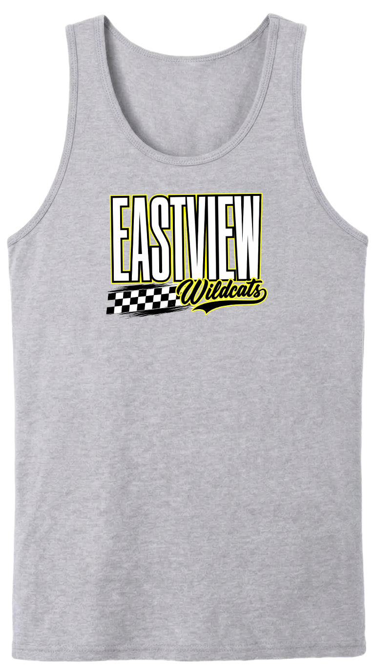 A gray tank top with a graphic design featuring the text "EASTVIEW Wildcats" in yellow and black.