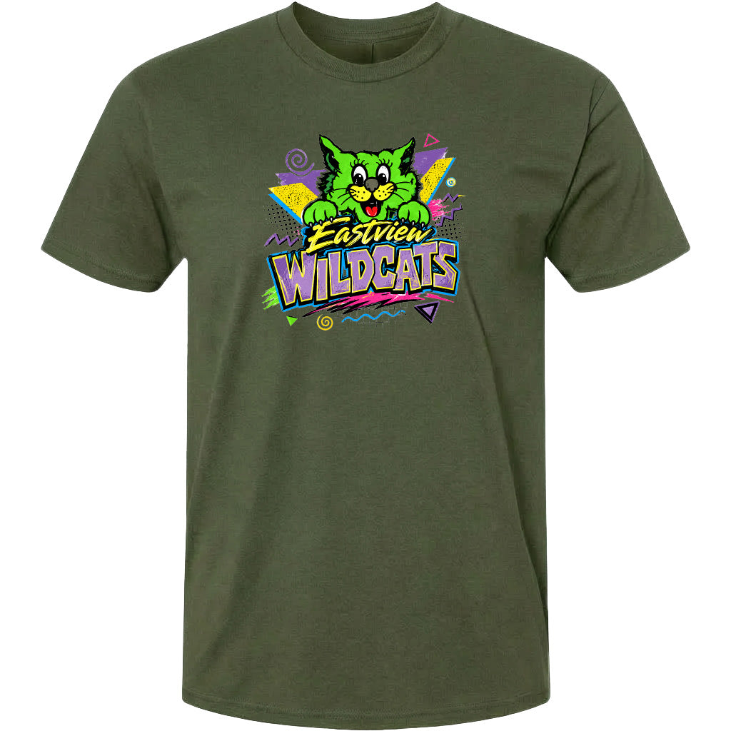 A green t-shirt with a colorful graphic design featuring a cartoon cat and the text "Eastview Wildcats".