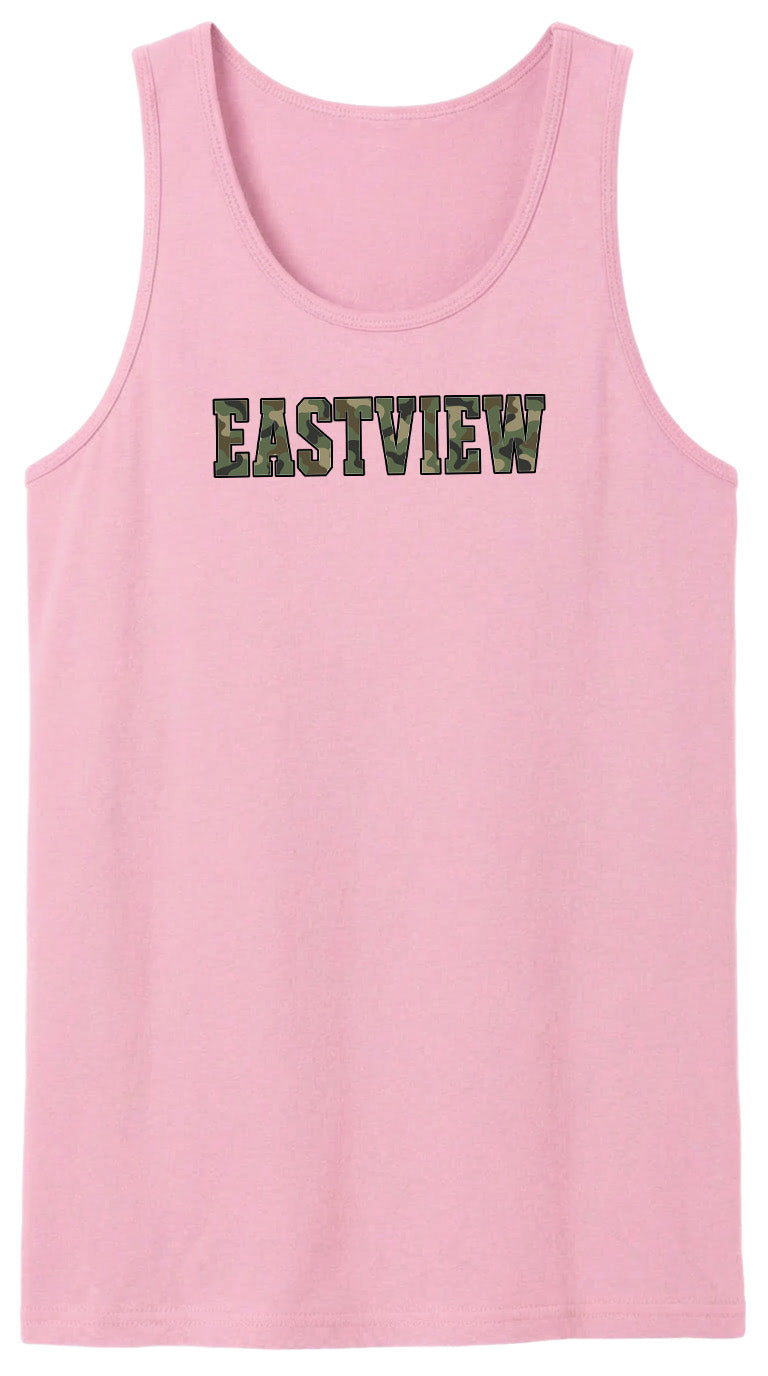 A pink tank top with the word "EASTVIEW" printed on it in a camouflage pattern.