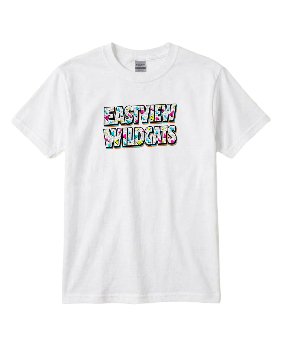 A white t-shirt with the text "EASTVIEW WILDCATS" printed on it in a colorful, stylized font.