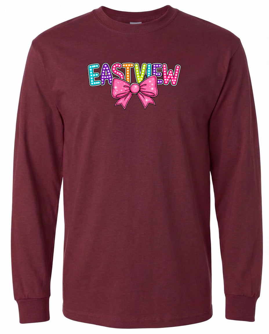 A burgundy long-sleeved t-shirt with a colorful bow and the word "EASTVIEW" printed on it.