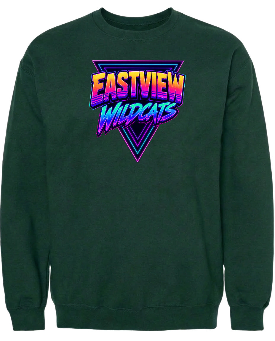 A dark green sweatshirt with a graphic design featuring the text "EASTVIEW WILDCATS" in a colorful, retro-style font.