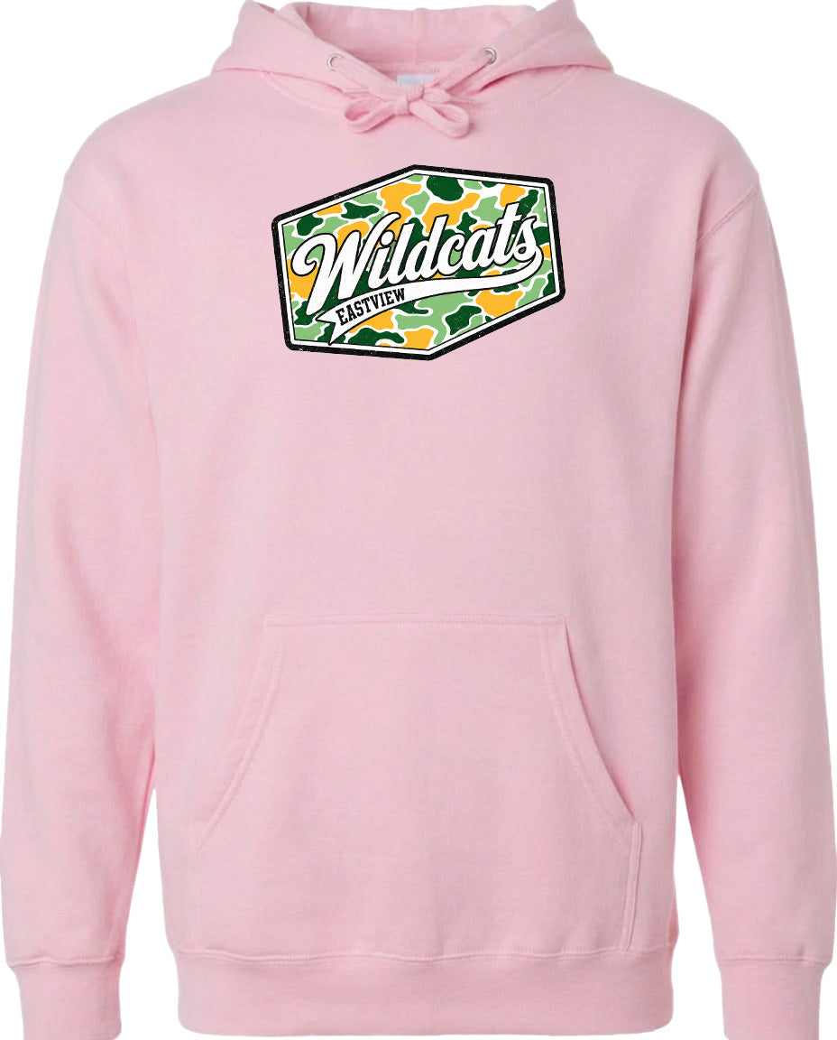 A pink hoodie with a graphic design on the front.