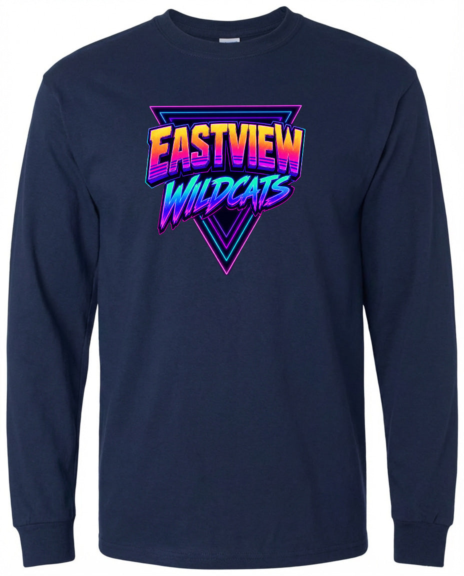 A navy blue long-sleeved shirt with a graphic design featuring the text "EASTVIEW WILDCATS" in a colorful, retro-style font.