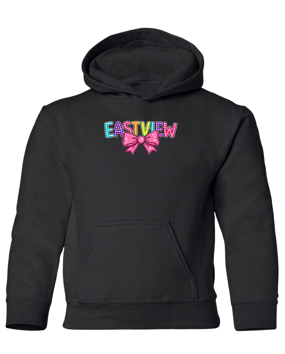 A black hoodie with the word 'EASTVIEW' printed on it in colorful letters.