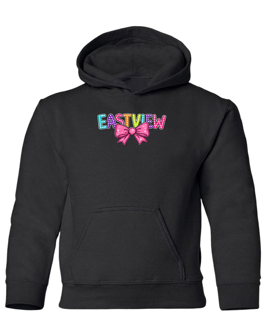 A black hoodie with the word 'EASTVIEW' printed on it in colorful letters.