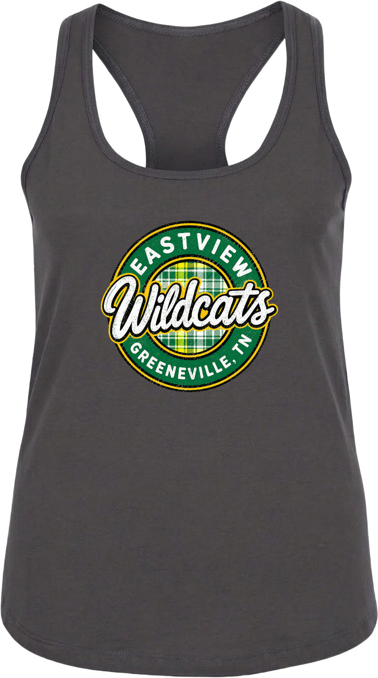 A gray tank top with a circular logo that says "EASTVIEW Wildcats Greeneville, TN".