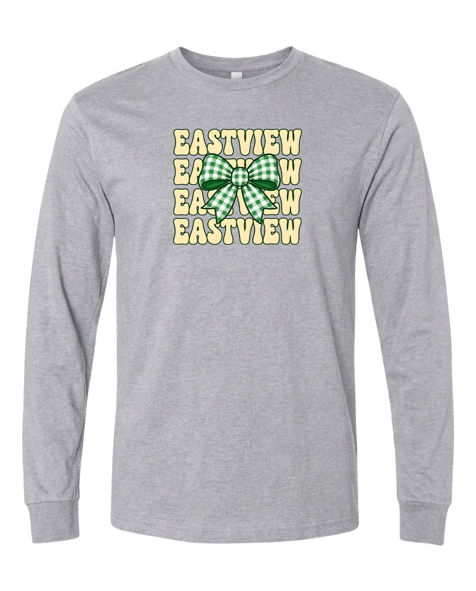 A gray long-sleeved t-shirt with a graphic design featuring a green and white bow and the text "EASTVIEW" repeated multiple times in a vertical arrangement.