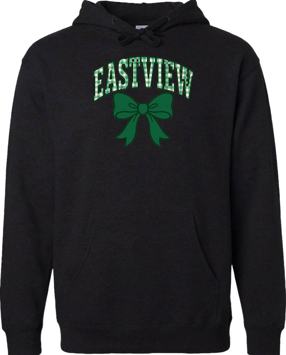 A black hoodie with a green bow and the word "EASTVIEW" printed on it.