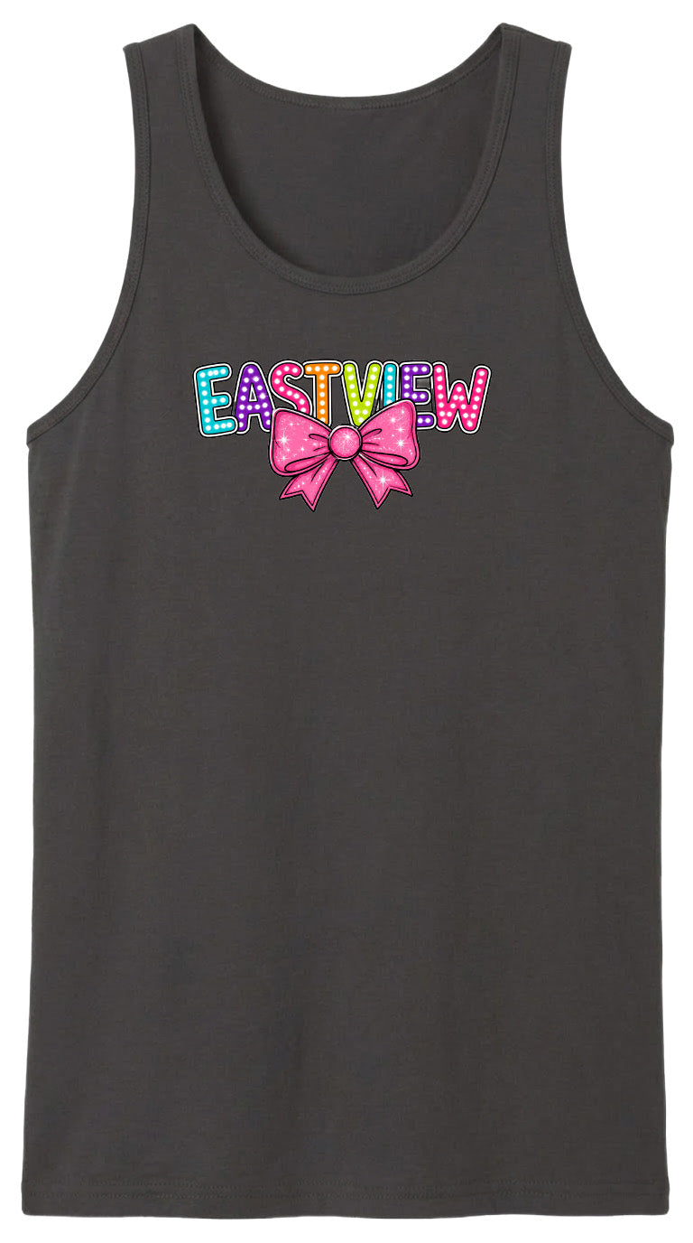 A black tank top with the word "EASTVIEW" printed in colorful letters with a bow on the front.