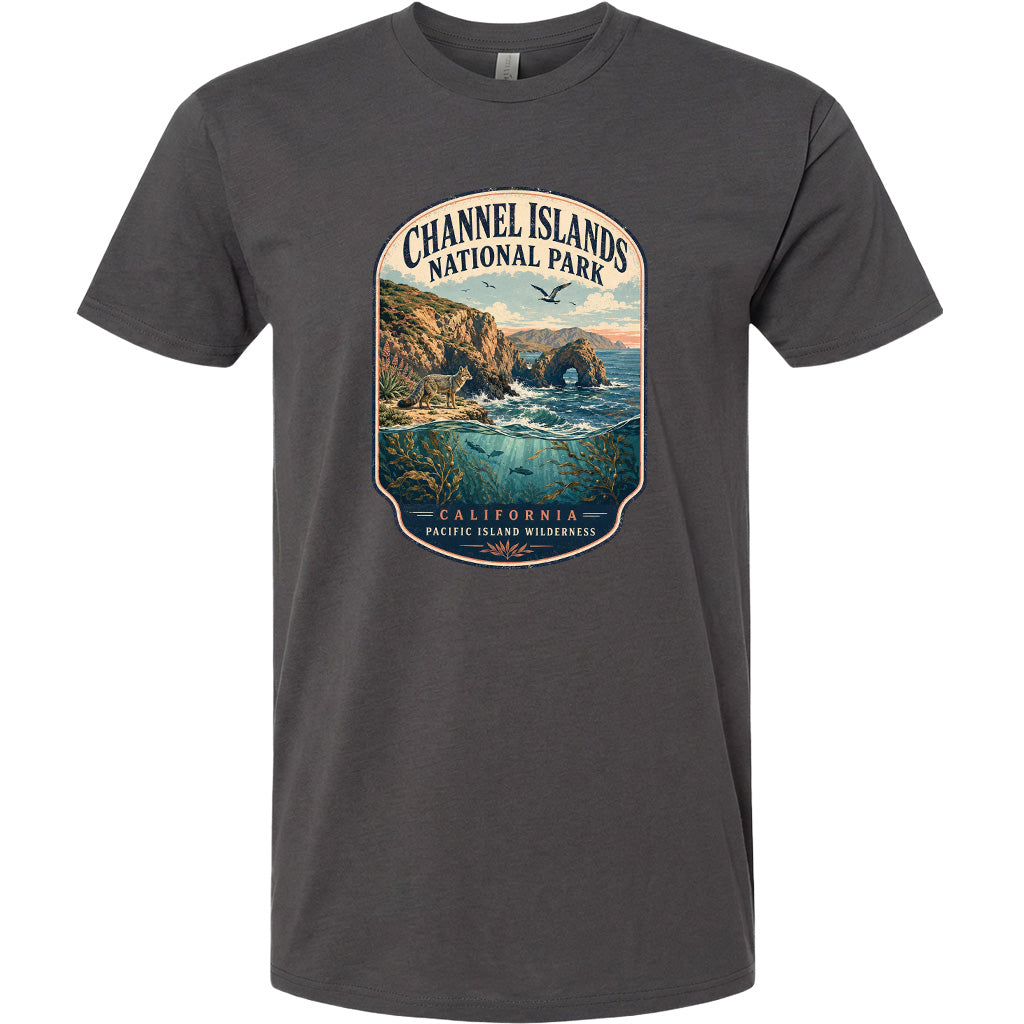 A graphic t-shirt design featuring a scenic landscape with cliffs, water, and a bird in flight, along with the text "Channel Islands National Park, California, Pacific Island Wilderness".
