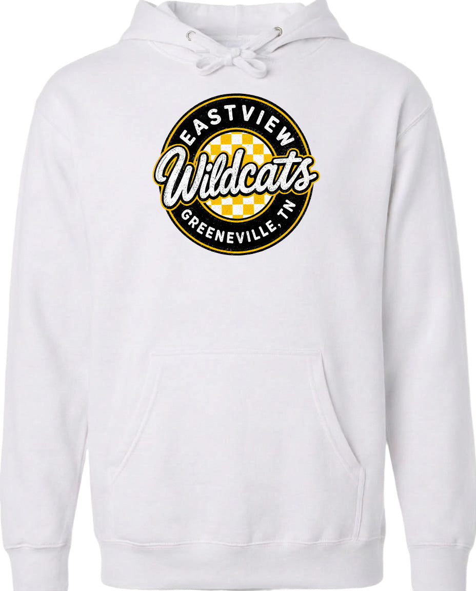 A white hoodie with a logo on the front.