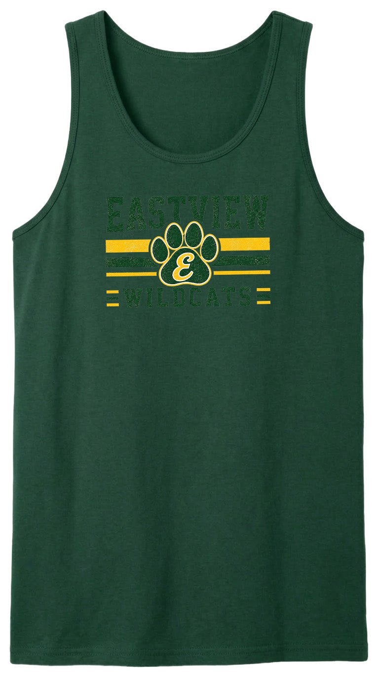 A green tank top with a graphic design featuring a paw print and the text "EASTVIEW WILDCATS" printed on it.