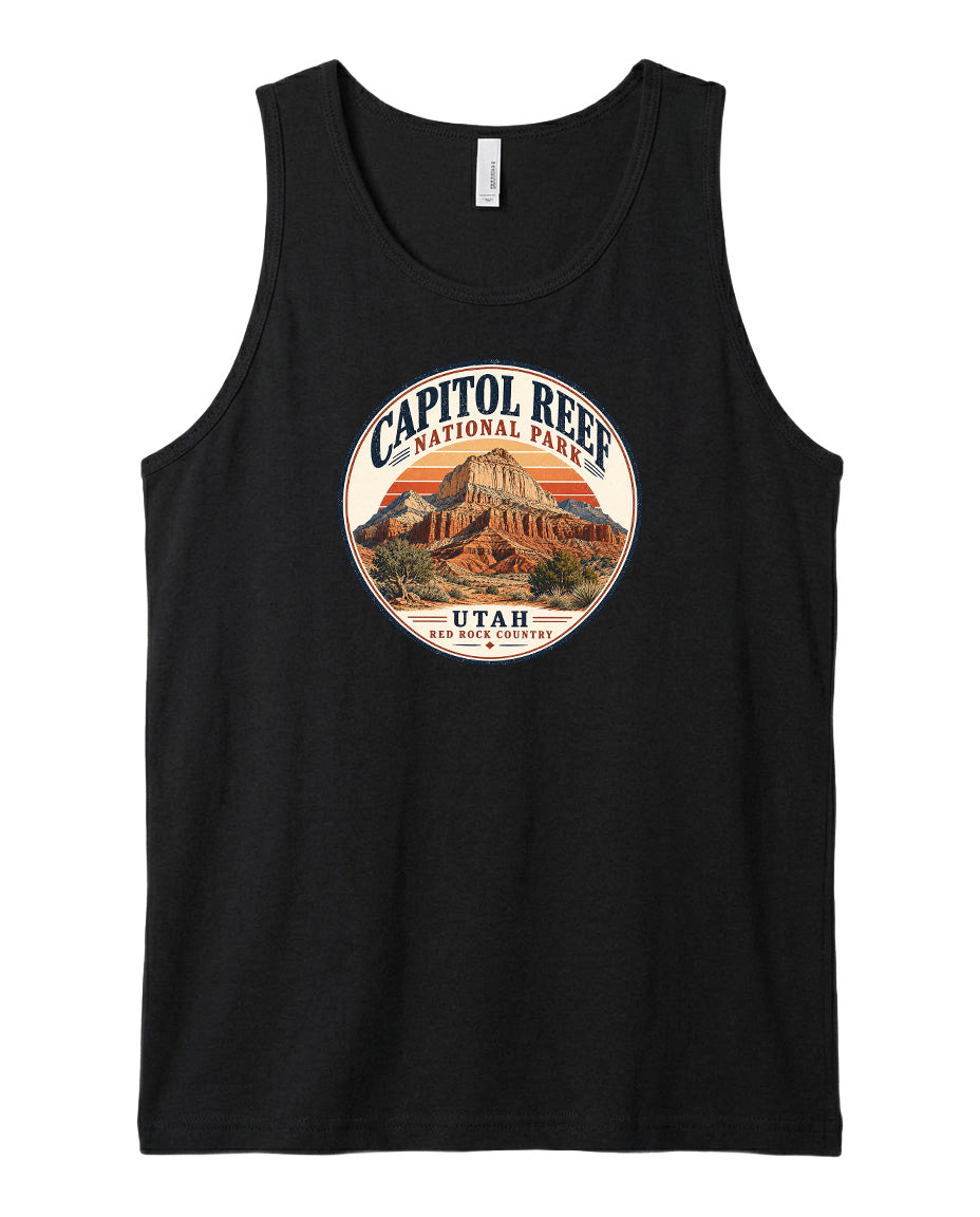 A black tank top with a circular graphic design featuring the Capitol Reef National Park in Utah.