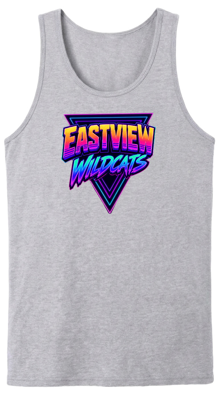 A gray tank top with a graphic design featuring the text "EASTVIEW WILDCATS" in a retro, neon-style font.