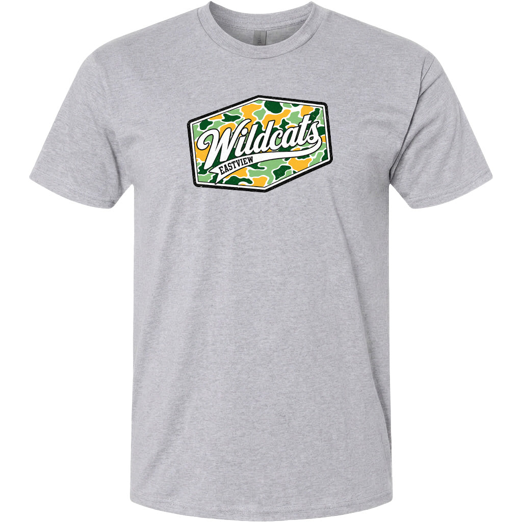 A gray t-shirt with a graphic design featuring the word "Wildcats" in a stylized font, surrounded by a camouflage pattern.