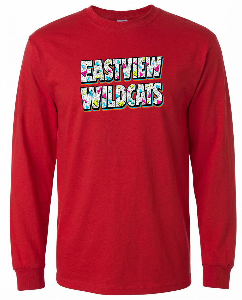 A red long-sleeved t-shirt with the text "EASTVIEW WILDCATS" printed on it.