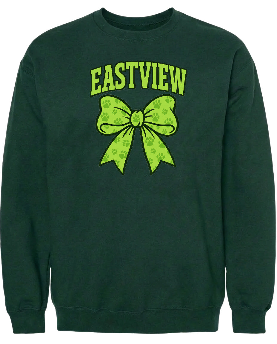 A dark green sweatshirt with a large green bow and paw prints on it.