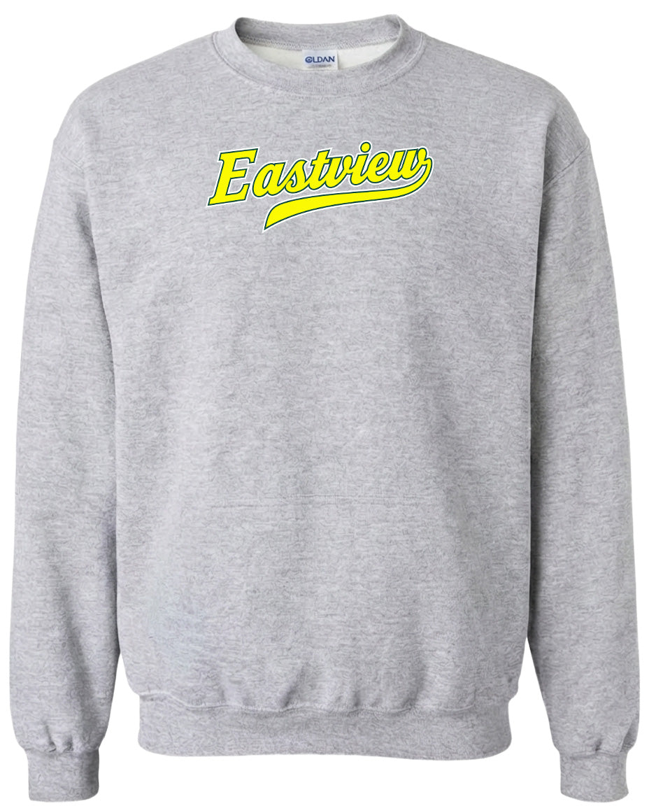 A gray sweatshirt with a yellow logo on the front.