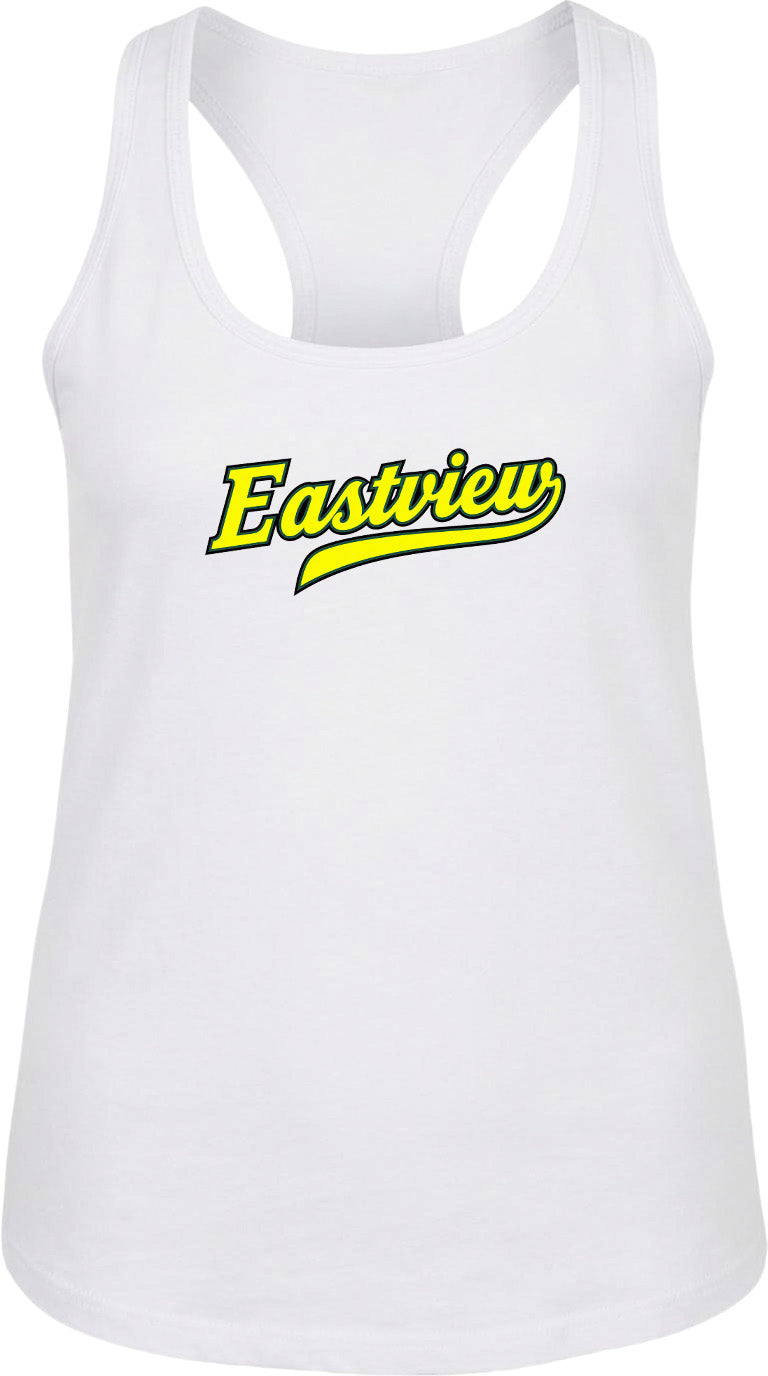 A white tank top with the text "Eastview" printed in yellow on the front.