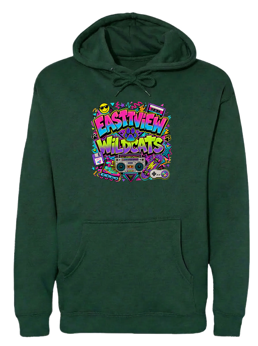 A green hoodie with a colorful graphic design featuring a boombox, sunglasses, and various other elements.