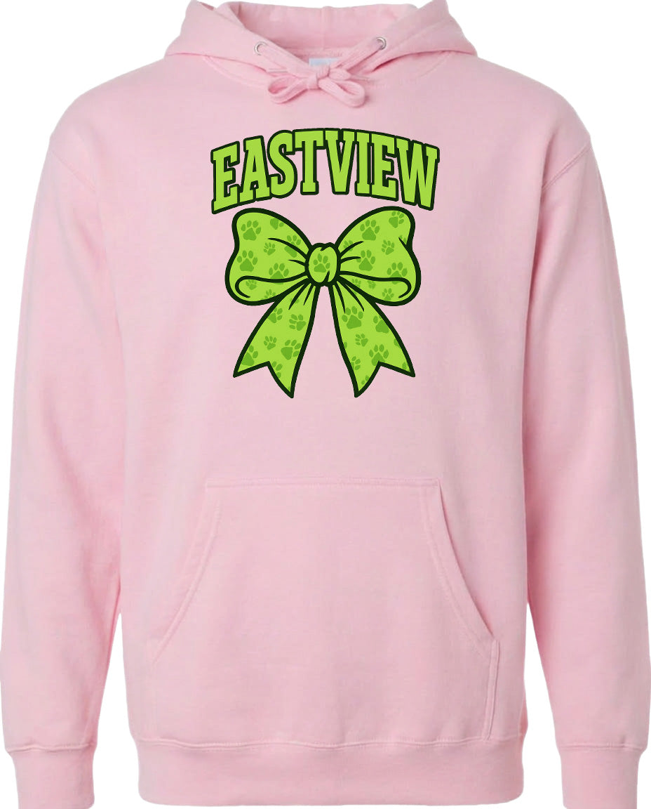 A pink hoodie with a green bow and the word "EASTVIEW" printed on it.
