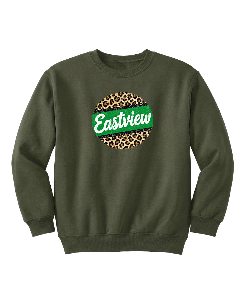 A dark green sweatshirt with a leopard print design and the word "Eastview" printed on it.