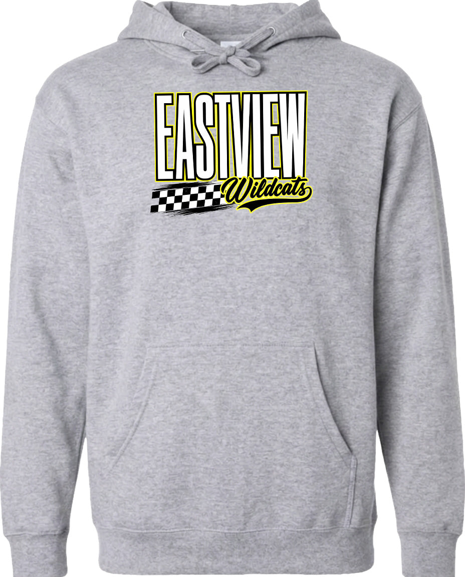 A gray hoodie with a graphic design featuring the text "EASTVIEW Wildcats" in yellow and black.