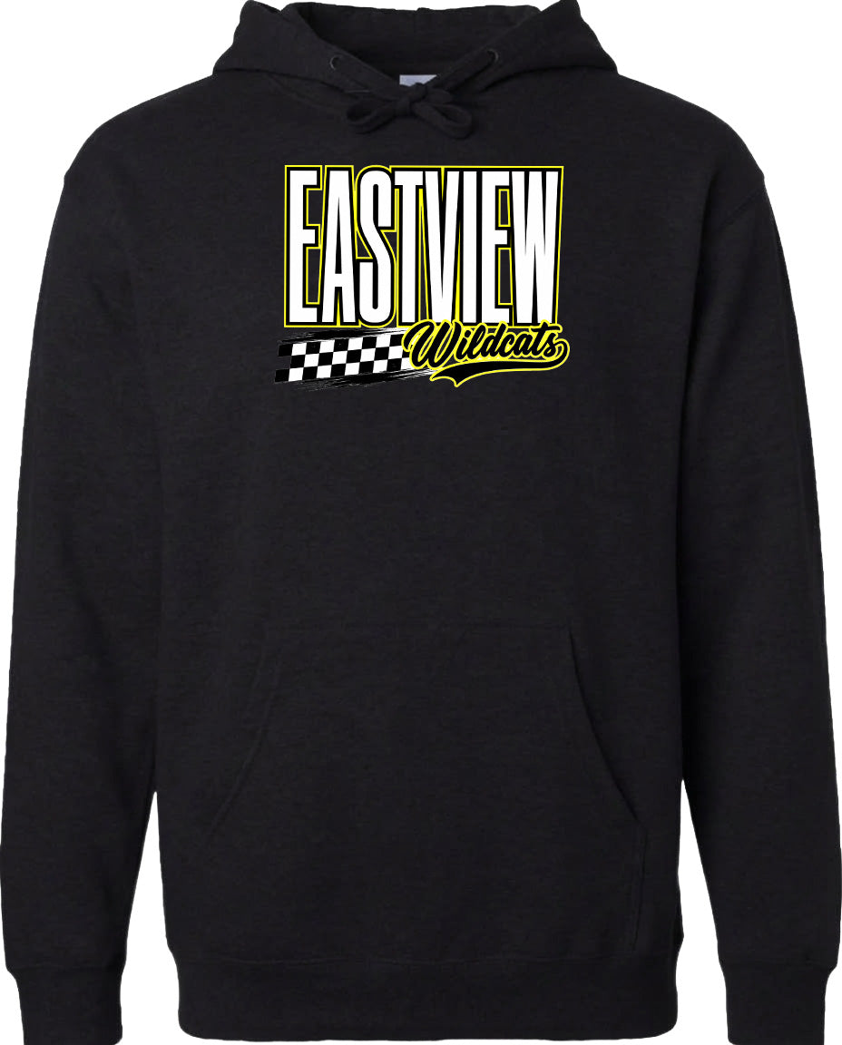 A black hoodie with a graphic design on the front.