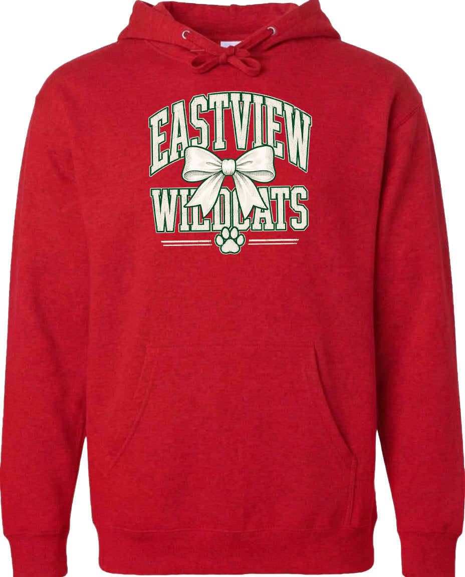 A red hoodie with a graphic design featuring the text "EASTVIEW WILDLOTS" and a bow.