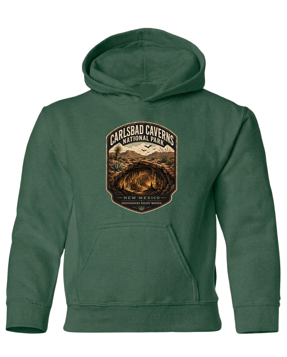 A green hoodie with a graphic design depicting the Carlsbad Caverns National Park, which is a famous cave system in New Mexico.