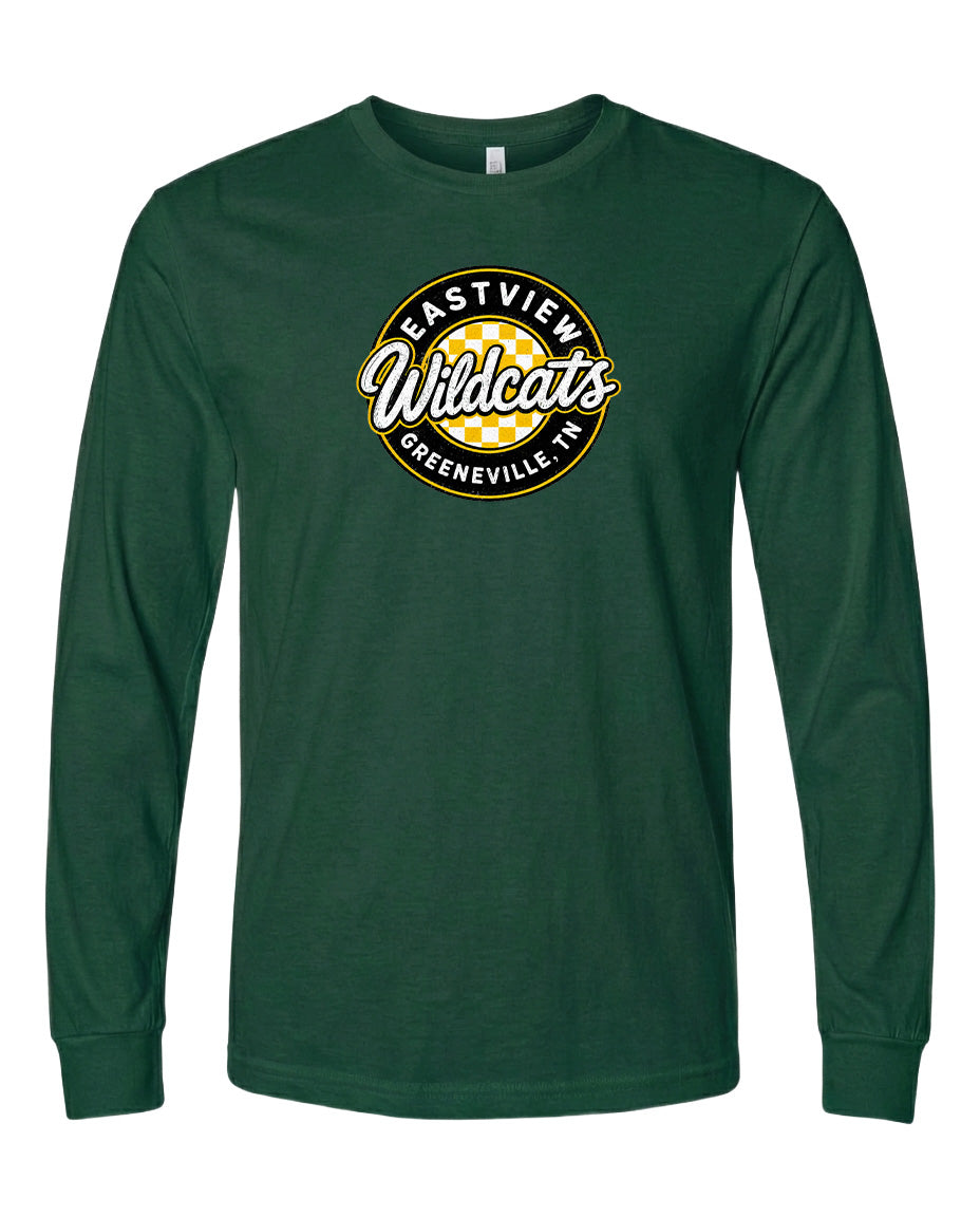 A dark green long-sleeved t-shirt with a logo on the front.