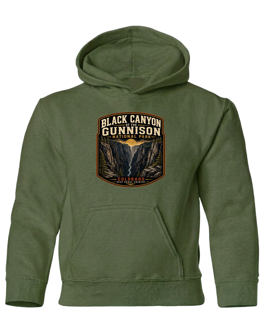 A green hoodie with a graphic design depicting the Black Canyon of the Gunnison National Park.