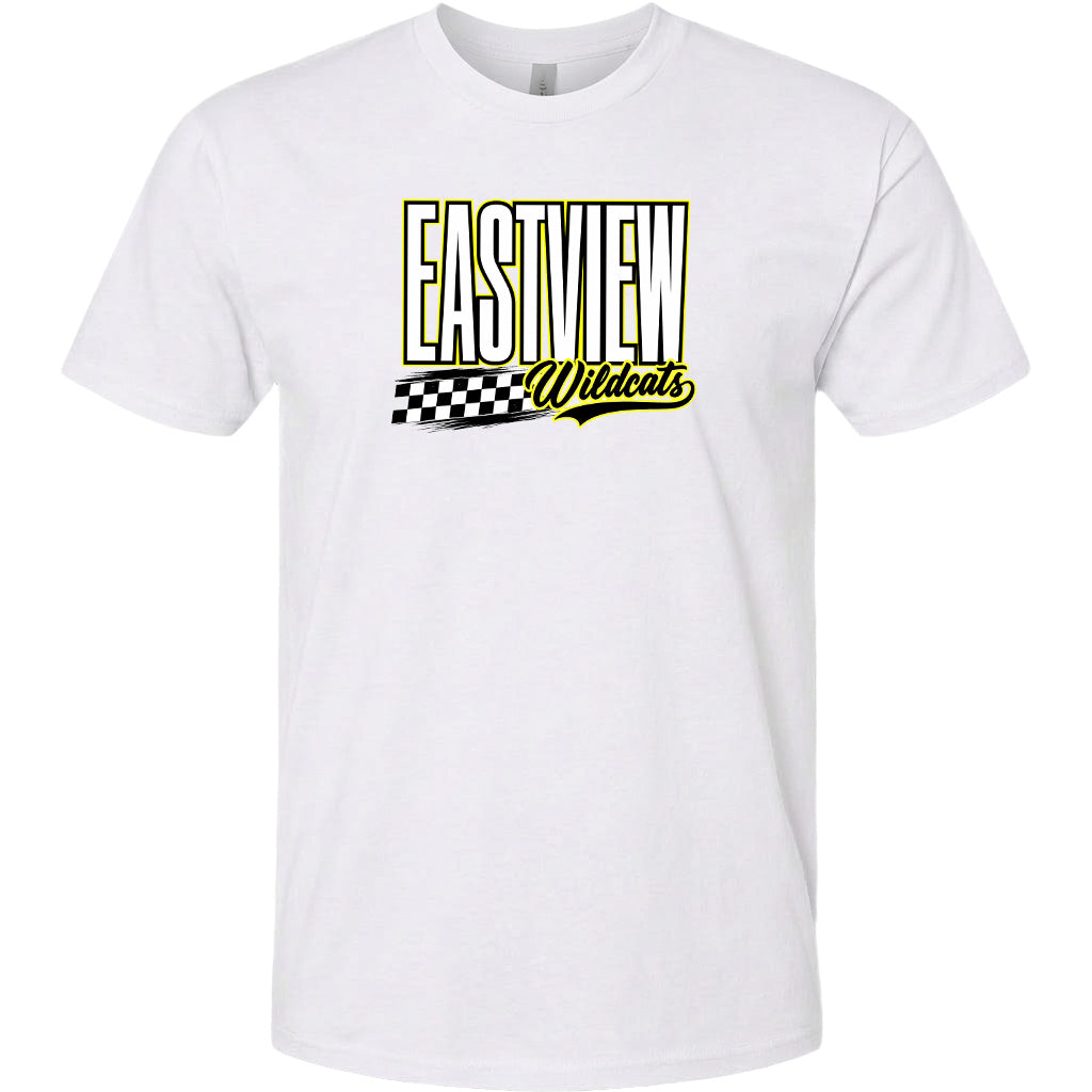 A white t-shirt with a graphic design featuring the text "EASTVIEW Wildcats" in a bold, yellow font.