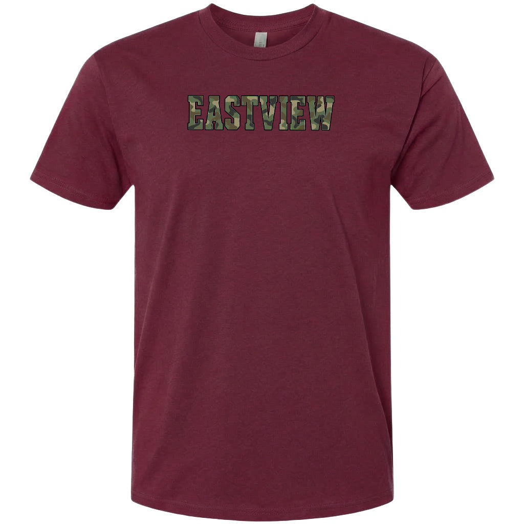 A burgundy-colored t-shirt with the word "EASTVIEW" printed on it in a camouflage pattern.