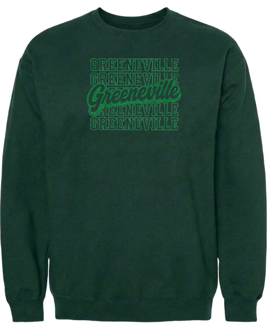 A dark green sweatshirt with the text "Greenville" printed in a stylized font across the front.