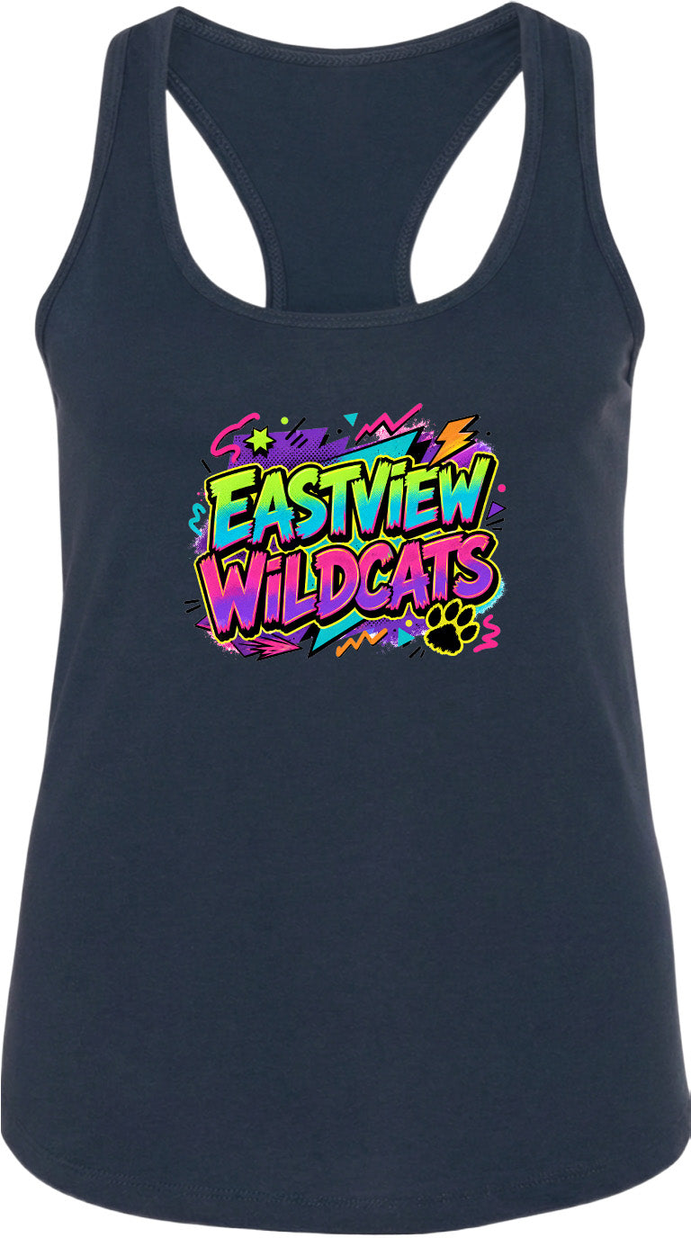 A black tank top with a colorful graphic design featuring the text "EASTVIEW WILDCATS" and a paw print.