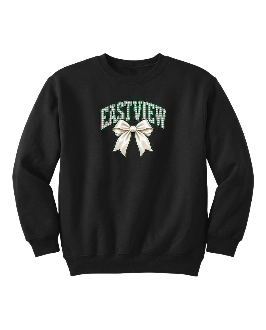 A black sweatshirt with a white bow and the word "EASTVIEW" printed on it.