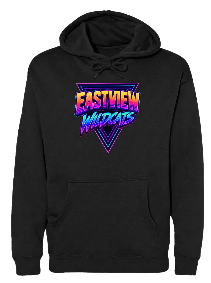 A black hoodie with a graphic design featuring the text "EASTVIEW WILDCATS" in a colorful, retro-style font.