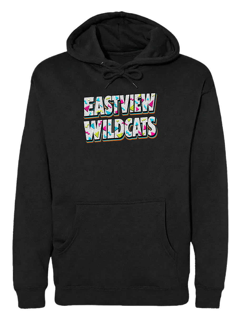 A black hoodie with the text "EASTVIEW WILDCATS" printed on it.