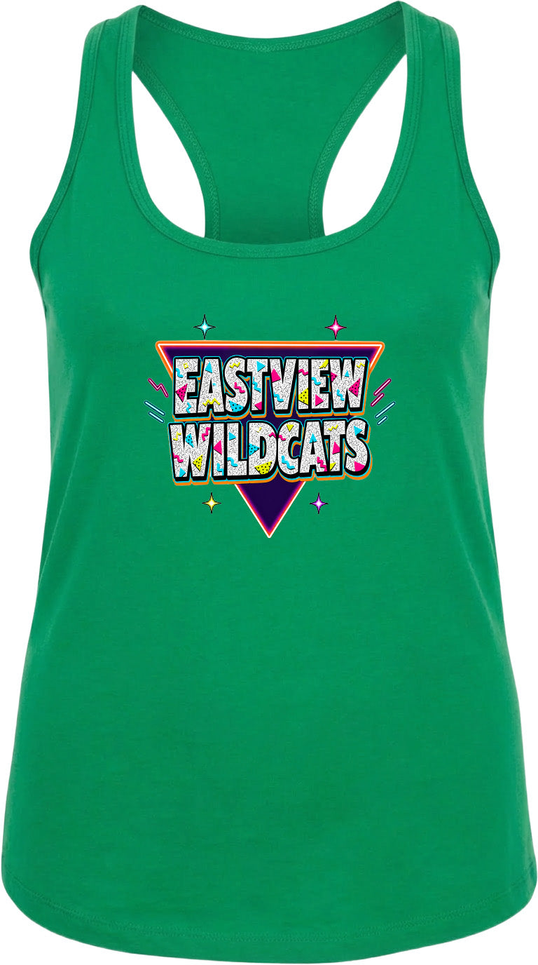A green tank top with a colorful graphic design featuring the text "EASTVIEW WILDCATS" in a retro style.