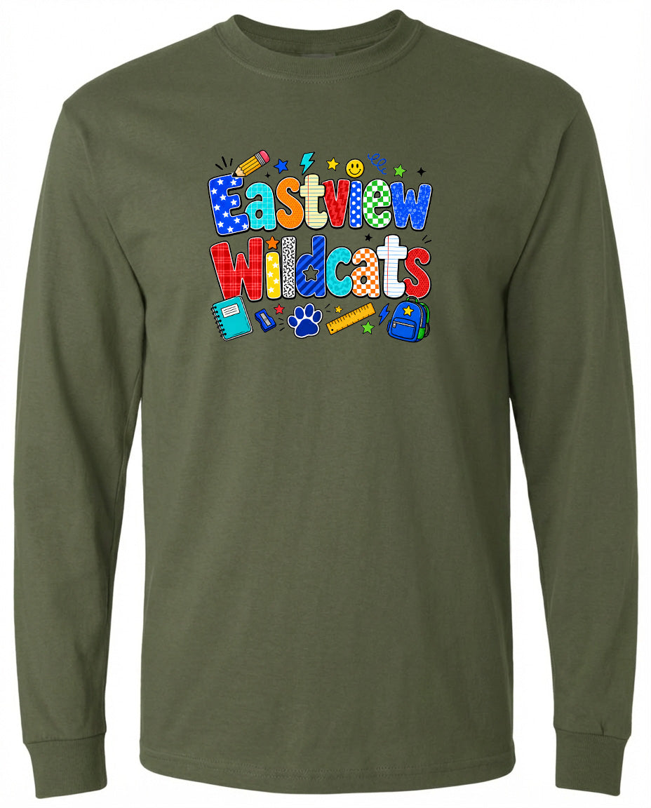 A long-sleeved green t-shirt with a colorful graphic design featuring the text "Eastview Wildcats" surrounded by various school-related icons such as a pencil, backpack, and book.