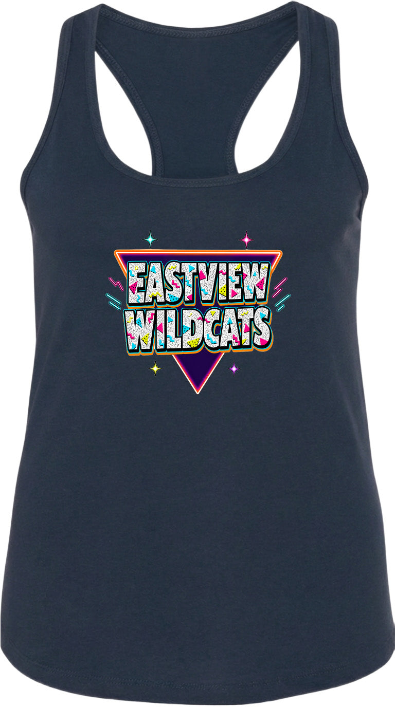 A navy blue tank top with a colorful graphic design featuring the text "EASTVIEW WILDCATS" in a retro style.