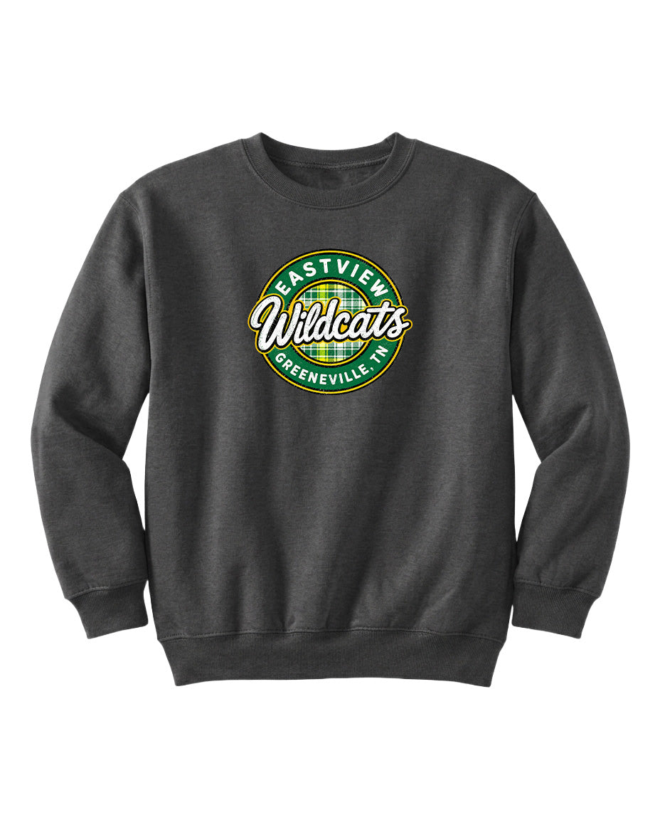 A gray sweatshirt with a circular logo on the front.