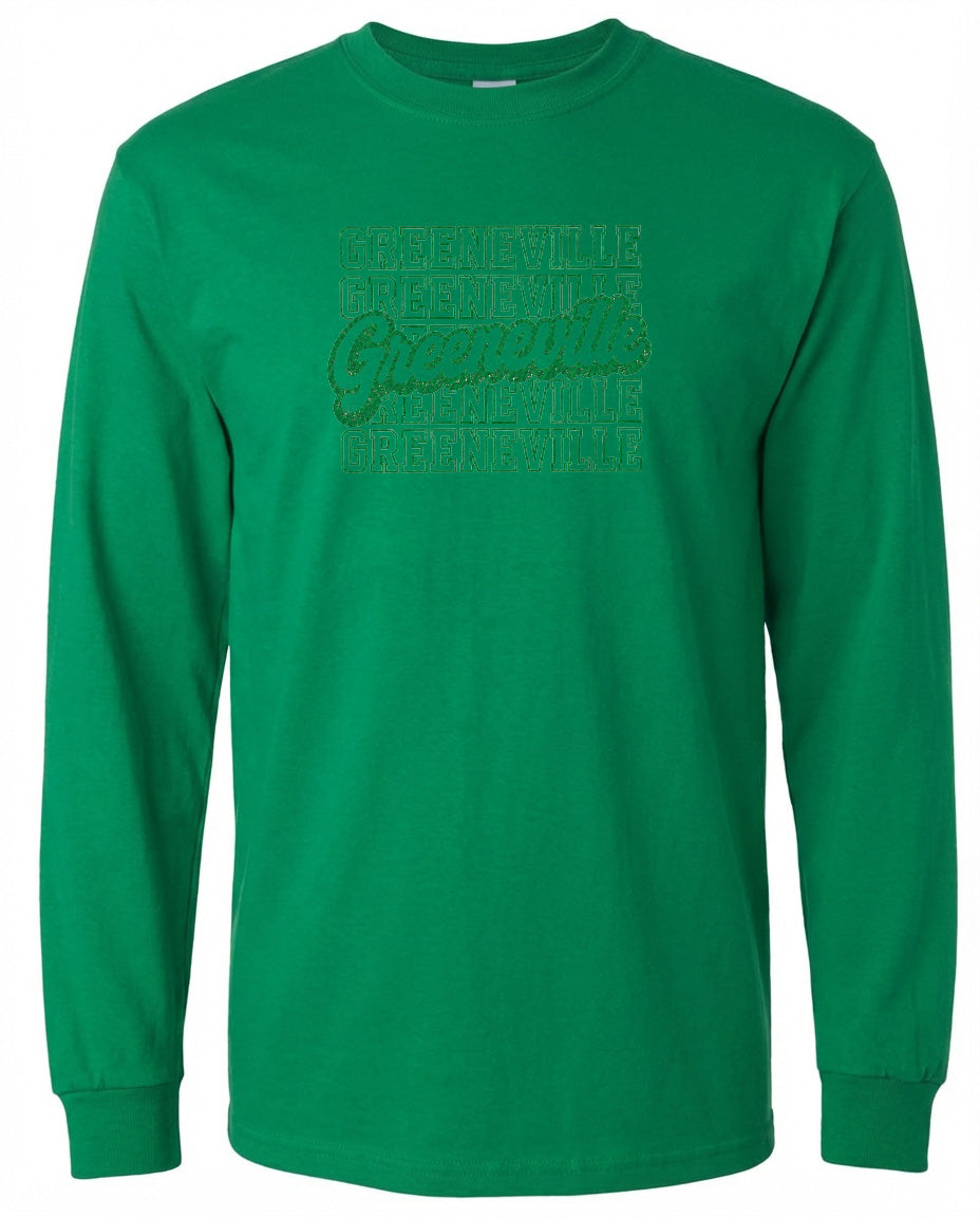 A long-sleeved green t-shirt with a repeating pattern of the word "Greenville" printed on it.