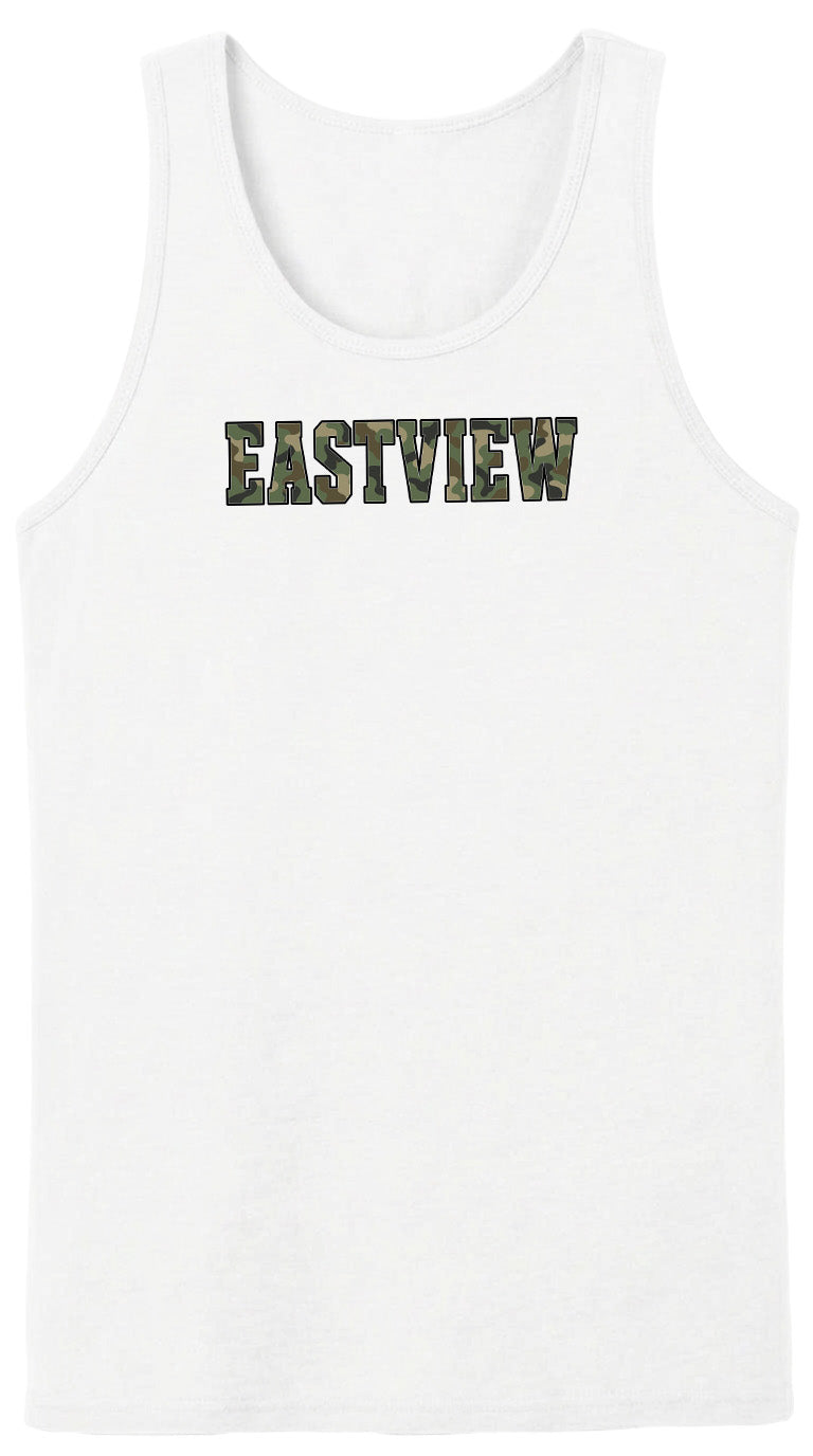 A white tank top with the word "EASTVIEW" printed on it in a camouflage pattern.
